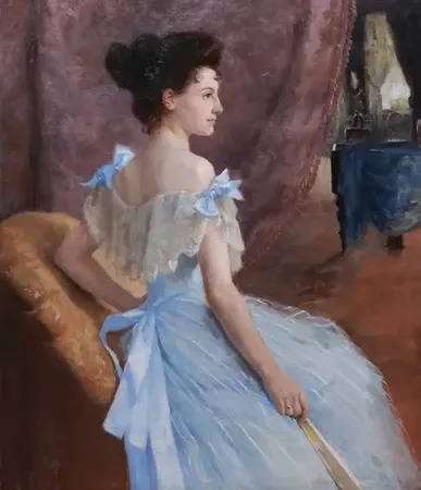 Jeune femme en robe bleue tenant un éventail by | Dagmar FURUHJELM