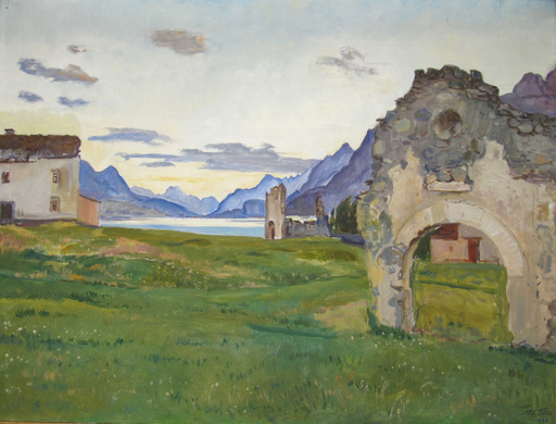 Adolphe TIECHE - 绘画 - Silsersee - Die Ruinen von Surlej bei Silvaplana