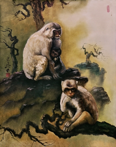 李曼峰 - 绘画 - Gibbon with Her Babies on Rockwork, by Lee Man Fong