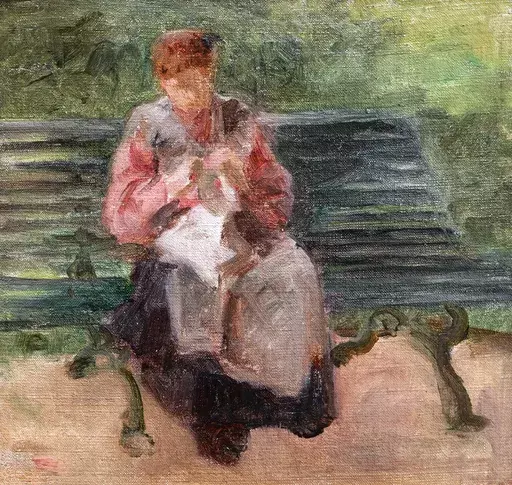 Gustave POETZSCH - Painting - Femme cousant sur un banc public