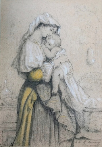 Henri LEHMANN - Drawing-Watercolor - Italian mother & child – Pontine marshes near Rome