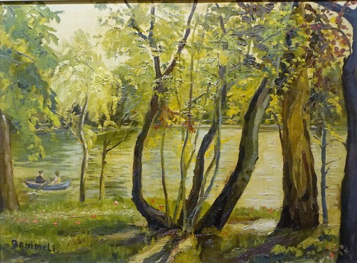 Angeles BENIMELLI - Pintura - Retiro Pond Madrid 1954
