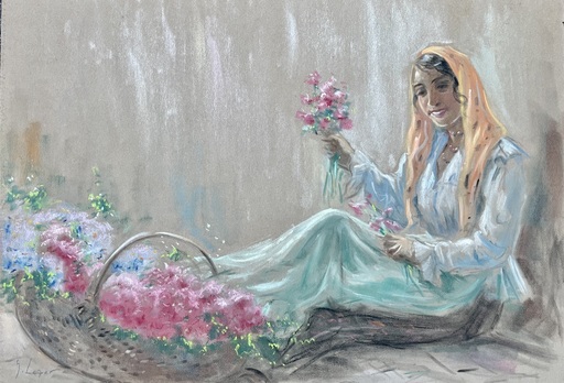 Gheorghe LEIZER - Zeichnung Aquarell - Femme au bouquet 