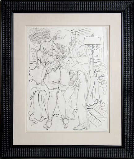 George GROSZ - Disegno Acquarello - Man and Woman with Lamp (Erotic)