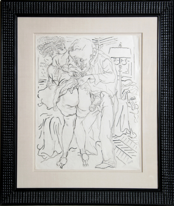 George GROSZ - Disegno Acquarello - Man and Woman with Lamp (Erotic)