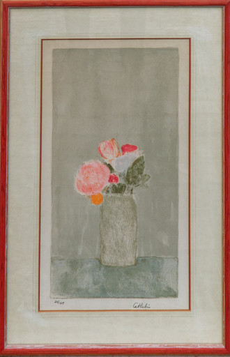 Bernard CATHELIN - Print-Multiple - bouquet de fleurs roses au vase gris