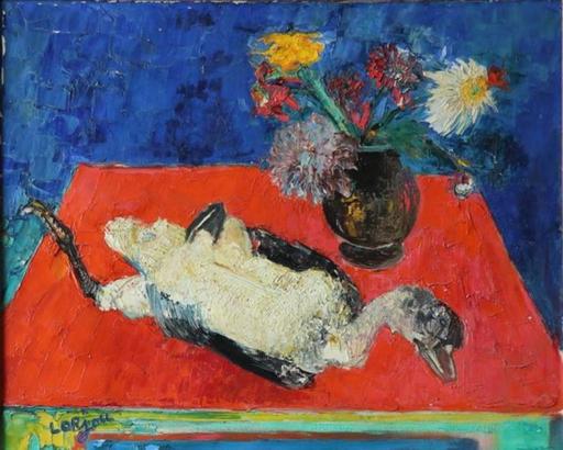 Bernard LORJOU - Gemälde - nature morte with duck & flowers on table