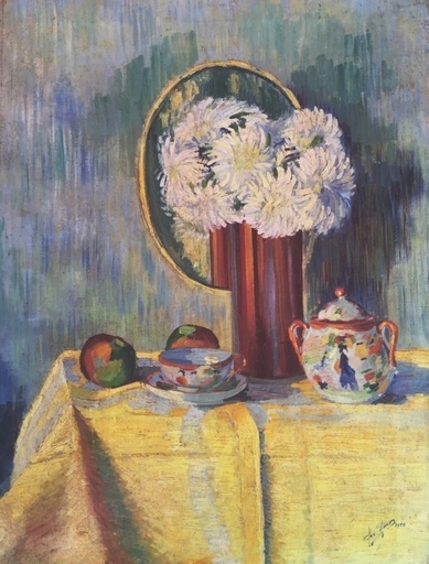 Emmy PAUNGARTEN - Pintura - Still life with flowers tea pot, cup & apples