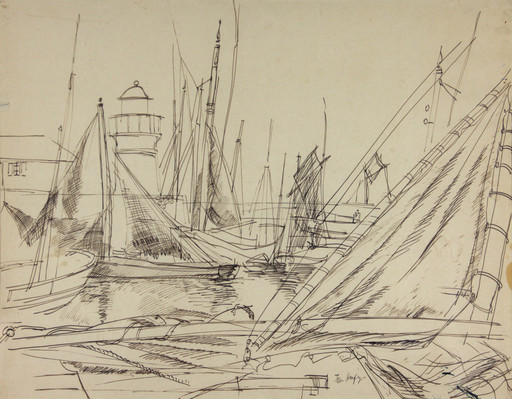 Jean DUFY - Drawing-Watercolor - Bateaux au port