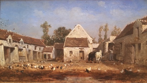 Jules Jacques VEYRASSAT - 绘画 - Chevaux et poules  dans une cour de ferme