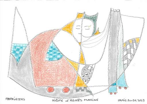 Reine BUD-PRINTEMS - Drawing-Watercolor - "Sièste d'Agnès MARINE"