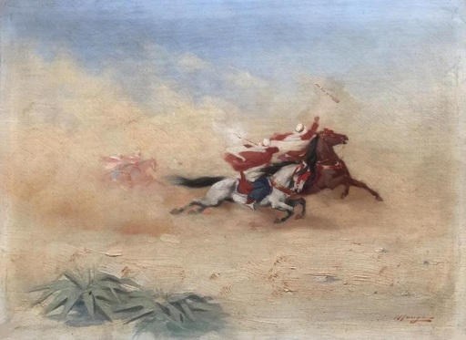 Jules MONGE - Pittura - Fantasia – Arbic horsemen in the desert  Circa 1895-1905
