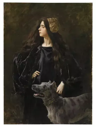 Cesare SACCAGGI - Pintura - Ritratto di donna in nero con molosso