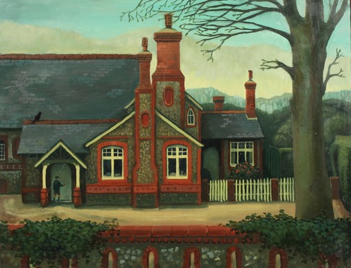 Brenda JOHNSTON - Peinture - Village House with Child Knocking at Door