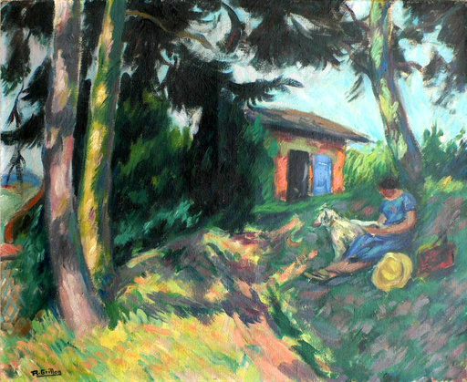 Roger GRILLON - Painting - La lecture sous les arbres à Maule