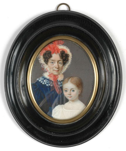 Jean Pierre FEULARD - Drawing-Watercolor - "Portrait of a matron with her granddaughter" miniature