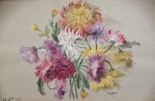 Alfred KELLER - Dibujo Acuarela - Chrysanthèmes - 14-25