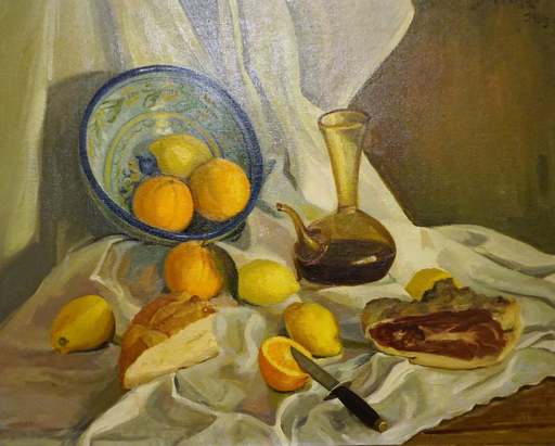 Angeles BENIMELLI - Gemälde - Still life with fruits, bread, serrano ham, wine and machete