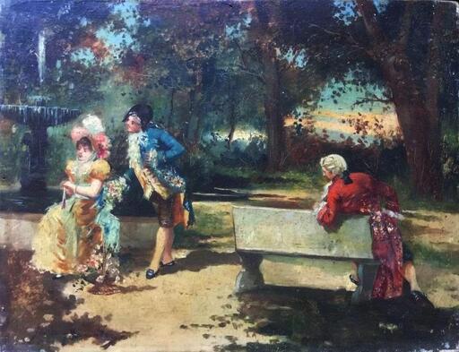 Georges CLAIRIN - Pintura - Gallant scene at the fountain