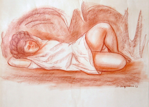 Raúl ANGUIANO VALADEZ - Drawing-Watercolor - Muchacha en una Cueva