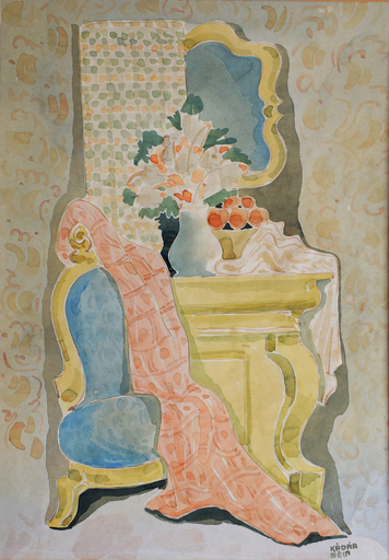 Béla KADAR - Disegno Acquarello - Interior with Mirror, Flowers and Armchair