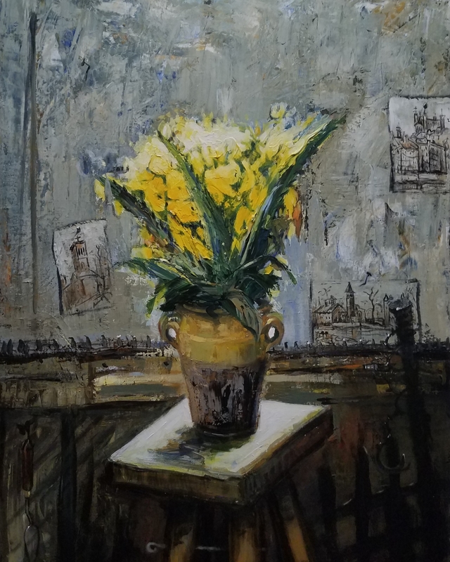 Gilbert PECOUD - 绘画 - Les fleurs jaune dans l'atelier