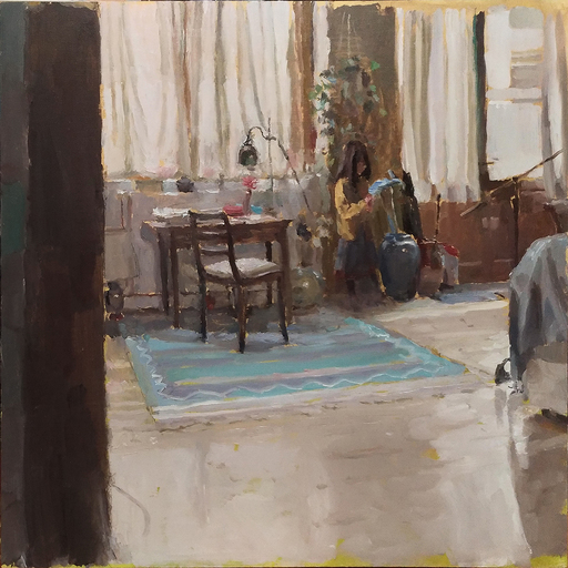 Marc DAILLY - Painting - Zoé en jaune, près des fenêtres