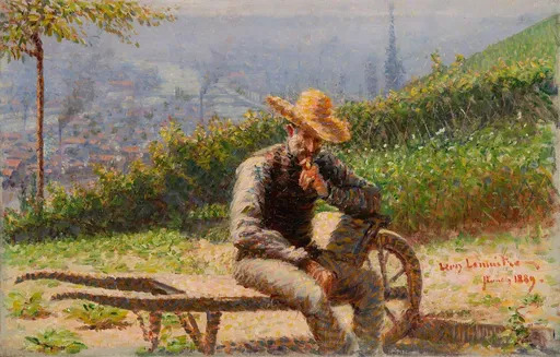 Léon Jules LEMAITRE - 绘画 - Portrait présumé de Charles Angrand sur une brouette dans un