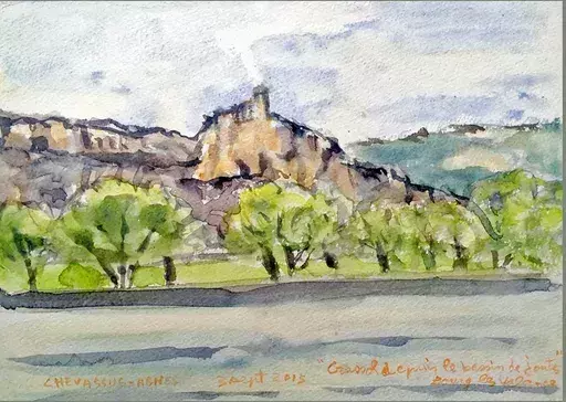 Jean-Pierre CHEVASSUS-AGNES - Dibujo Acuarela - le château de CRUSSOL vue depuis le Rhône