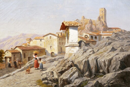 Jacques François CARABAIN - Painting - Vue animée à Olevano près de Rome