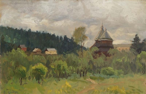 Victor GAIDUK - Pittura - "Church in Village", Oil Painting, 1960's