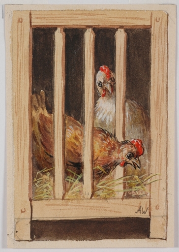 Alfred WESEMANN - Disegno Acquarello - "Hen in Coop" by Alfred Wesemann, ca 1900