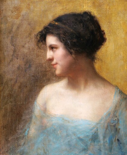 Emmanuel Michel BENNER - Painting - Portrait de femme brune, de profil, en déshabillé bleu