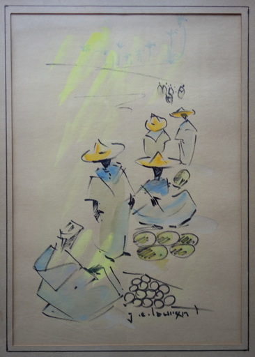 Jean Emile LAURENT - Zeichnung Aquarell - "Marché Marocain"