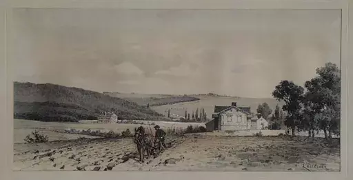 Karl LIEBSCHER - Dibujo Acuarela - "Ploughing" by Karl Liebscher, late 19th century