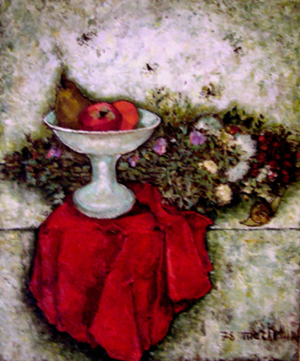Pina MARTELLINI - 绘画 - Natura morta con drappo rosso