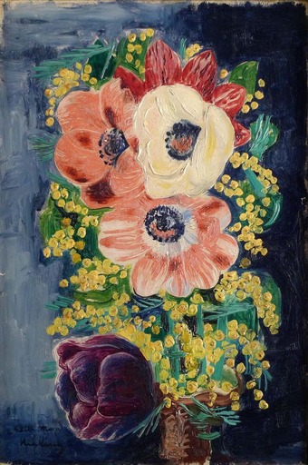 Moïse KISLING - Pittura - Ramo de flores con mimosas