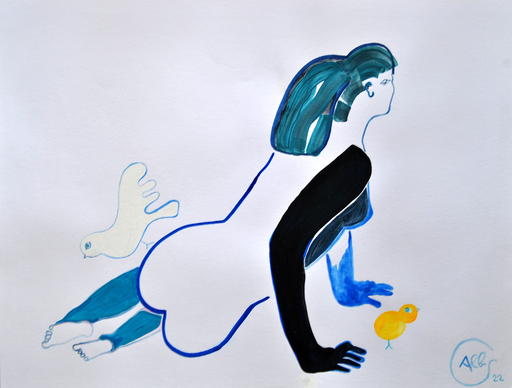 Marc ALBARANES - Zeichnung Aquarell - femme et deux oiseaux