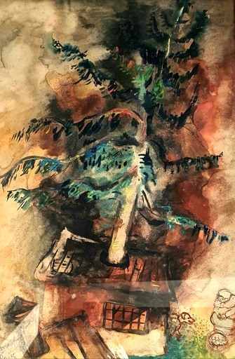 Issachar Ber RYBACK - Dessin-Aquarelle - Tree-House, Woman and a Dog
