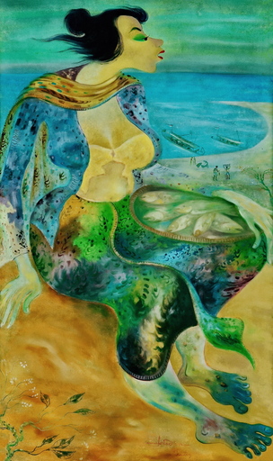 亨德拉·古拿温 - 绘画 - Fish Monger by the Beach, by Hendra Gunawan