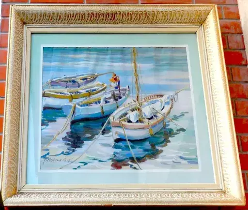 Jozef FEDORA - Painting - Boats in the harbor