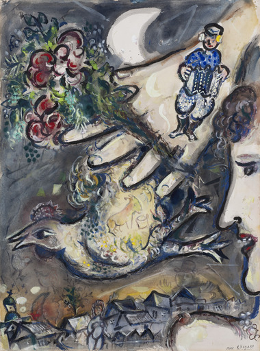 Marc CHAGALL - Drawing-Watercolor - Profil de femme et main au coq