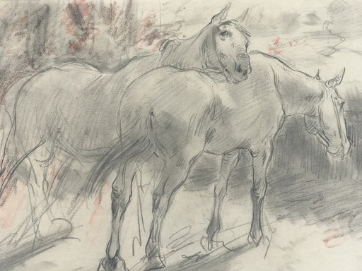 Ulpiano CHECA Y SANZ - Drawing-Watercolor - Deux  chevaux  au  repos  sur  la  lisière  d’une  forêt
