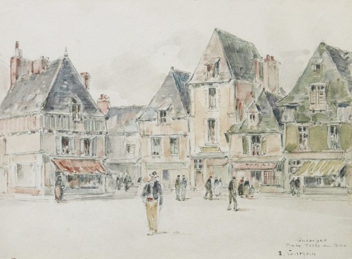 Ernest VAUTHRIN - Drawing-Watercolor - Vue animée de la Place Terre au Duc à Quimper
