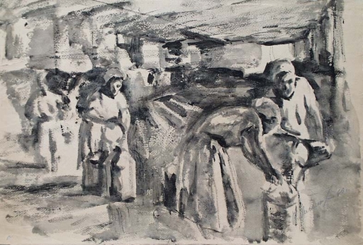 Valentin Aleksandroh LISENKOV - Disegno Acquarello - "Kolkhoz Cowshed" by Valentin Lisenkov, 1960