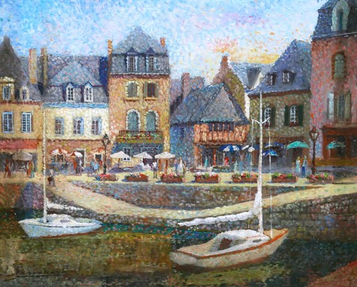 FRAN-BARO - 绘画 - Vue animée du Port d'Auray dans le Morbihan (Bretagne)