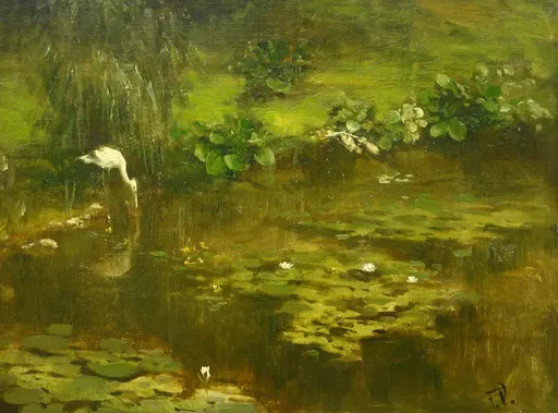 Felix POSSART - Painting - Reiher am Seerosenteich, Villa Melzi, Bellagio.