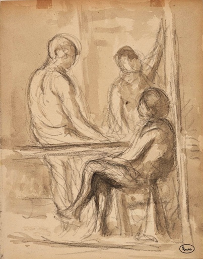 Maximilien LUCE - Drawing-Watercolor - Travailleurs autour d'une table