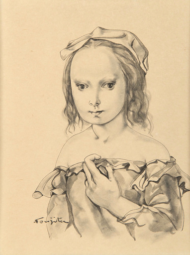 Tsuguharu FOUJITA - Disegno Acquarello - Portrait de Jeune fille