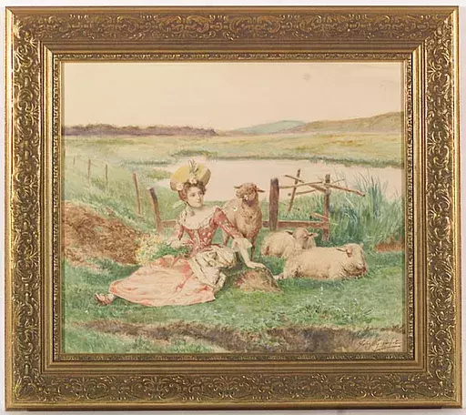 Jules GIRARDET - Dibujo Acuarela - "Beauty Shepherdess", Watercolour, late 19th Century